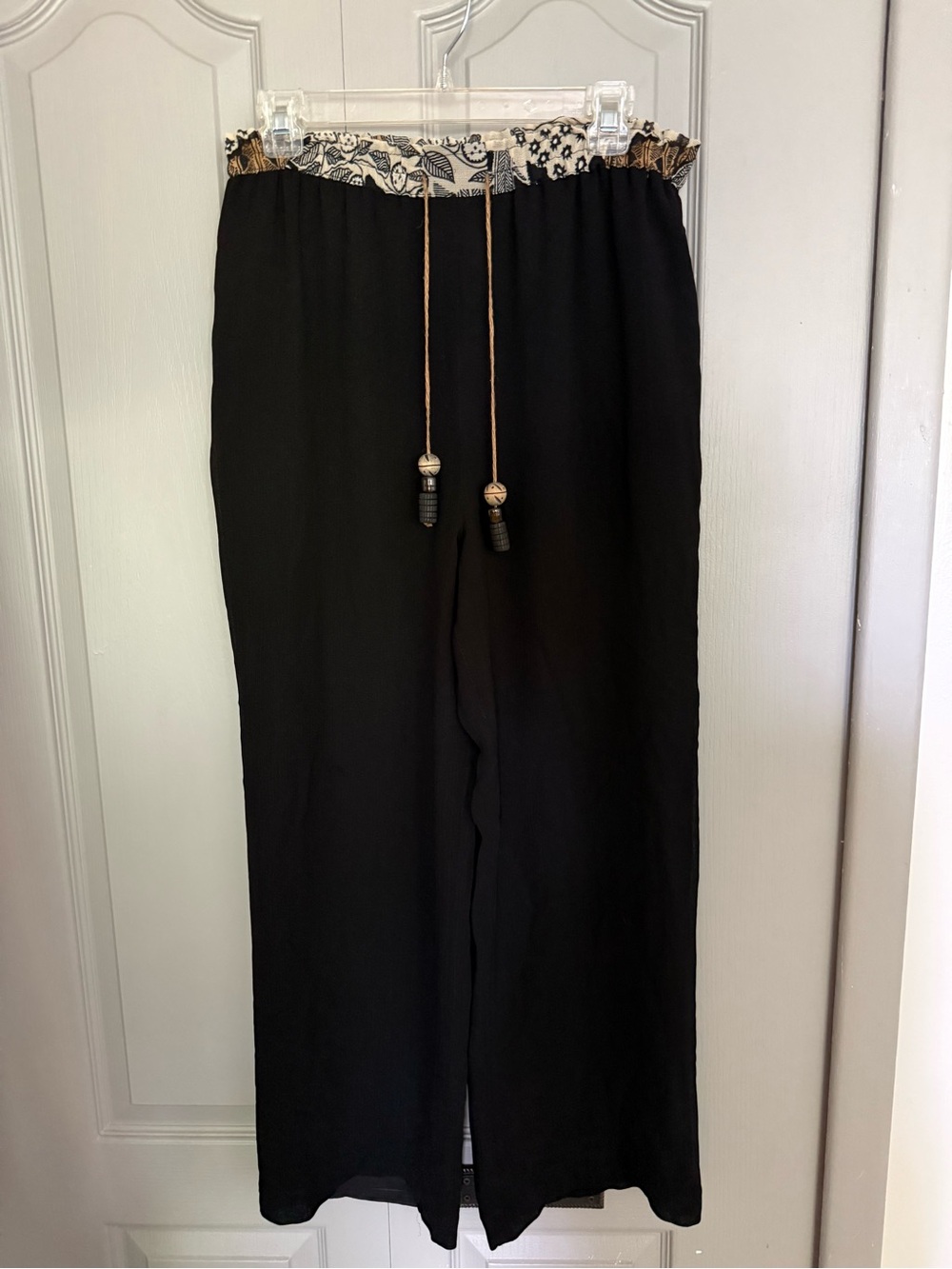 Vintage Black Wide-Leg Drawstring Pants with Printed Waist and Beaded Strings